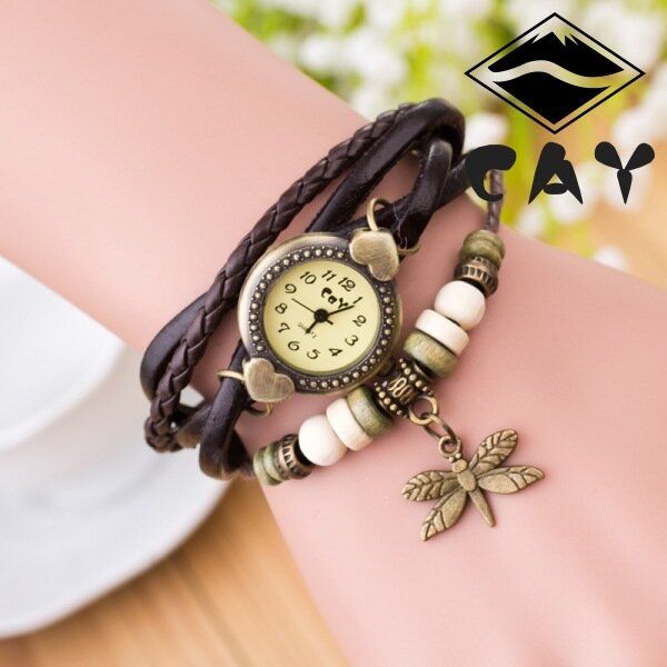 Mode Vintage Multicouche Libellule Pendentif Perlé Bracelet Montre À Quartz Montre-bracelet