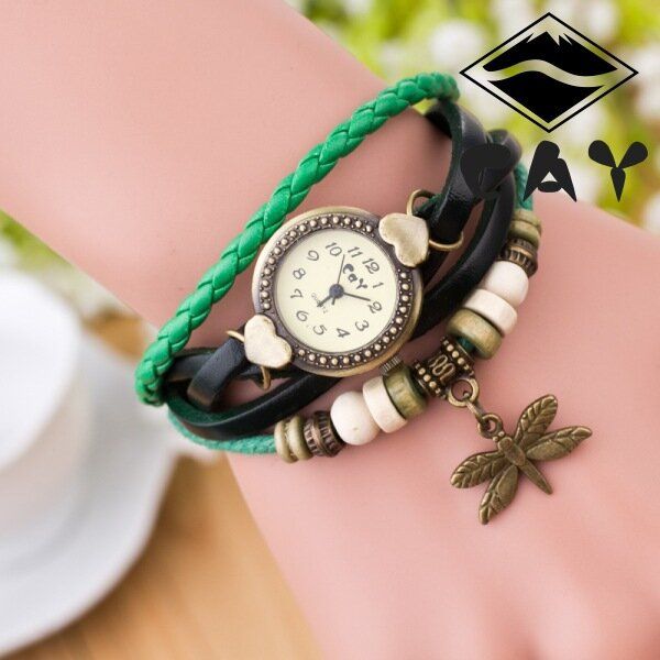 Mode Vintage Multicouche Libellule Pendentif Perlé Bracelet Montre À Quartz Montre-bracelet