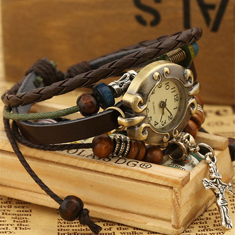 Montre Bracelet En Cuir De Vachette Vintage Perlé Croix Pendentif Bracelet En Cuir Pour Femme Bracelet De Montre