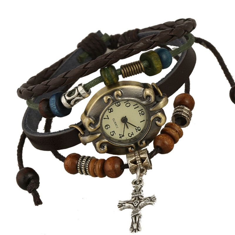 Montre Bracelet En Cuir De Vachette Vintage Perlé Croix Pendentif Bracelet En Cuir Pour Femme Bracelet De Montre