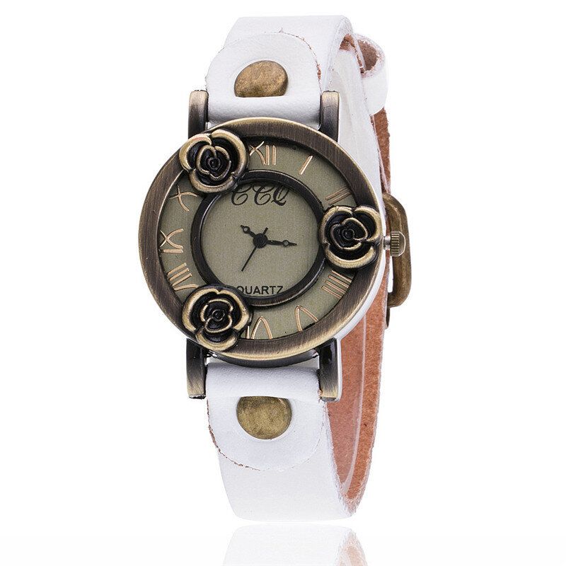 Montre-bracelet Pour Femme À Bande Mince Vintage Trois Roses Montre À Quartz À Cadran Creux