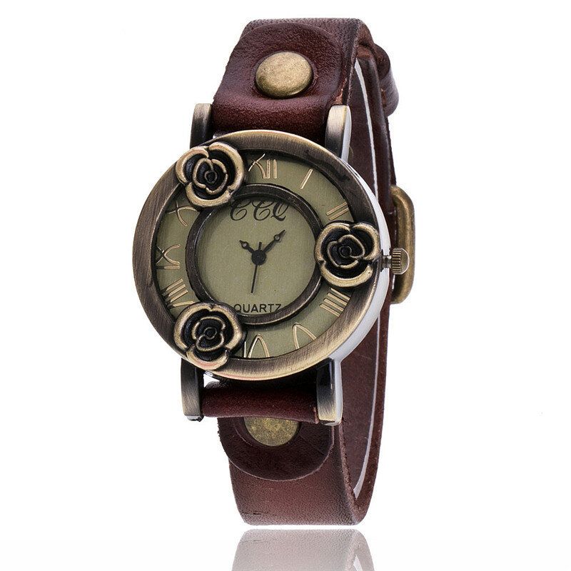 Montre-bracelet Pour Femme À Bande Mince Vintage Trois Roses Montre À Quartz À Cadran Creux