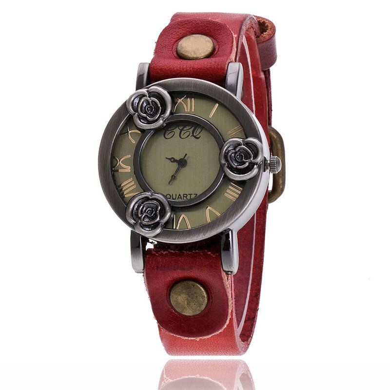 Montre-bracelet Pour Femme À Bande Mince Vintage Trois Roses Montre À Quartz À Cadran Creux