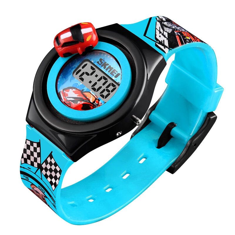 Montre Pour Enfants De Dessin Animé Créatif Avec Décoration De Voiture Rotative Sport Enfants Montres Numériques