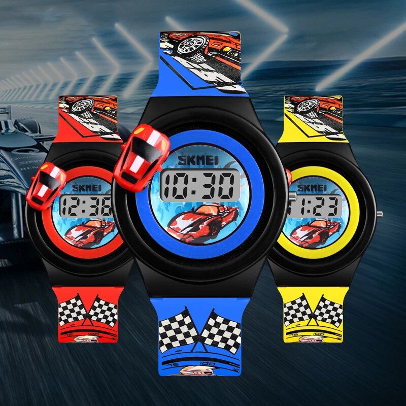 Montre Pour Enfants De Dessin Animé Créatif Avec Décoration De Voiture Rotative Sport Enfants Montres Numériques