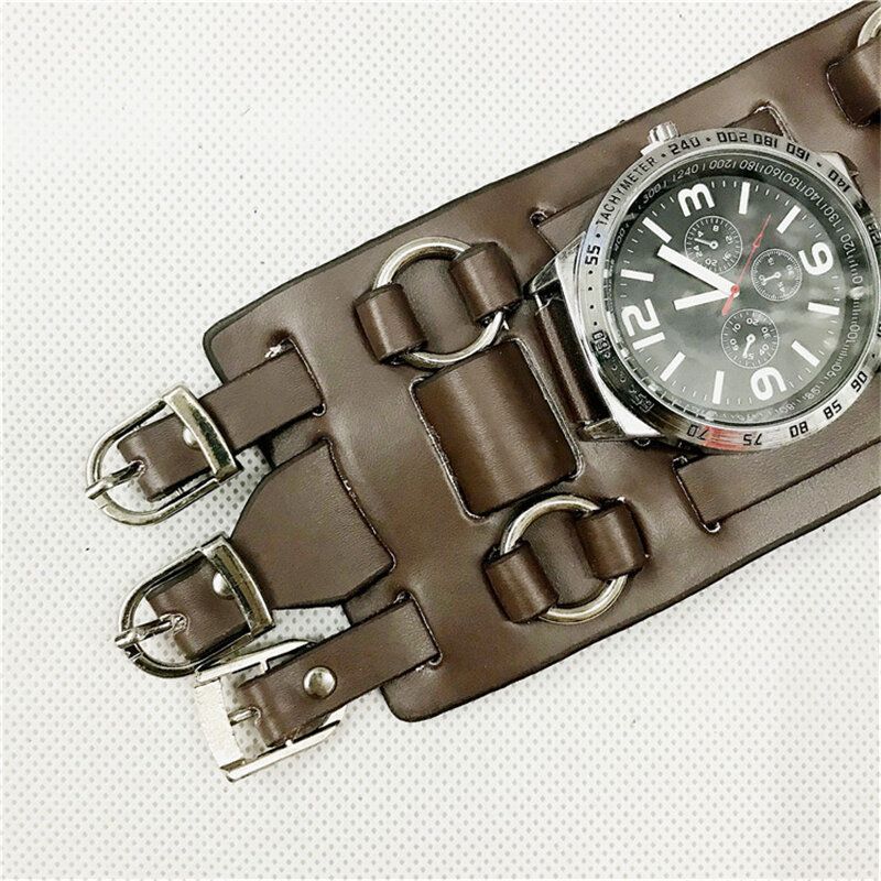 Montre Homme En Cuir Vintage Bande De Largeur Réglable Montre À Quartz À Trois Fermoirs