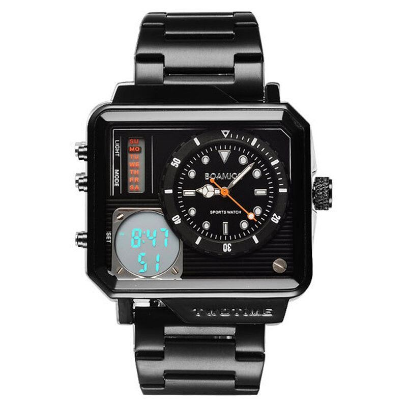 Montre Numérique Pour Hommes Créatifs Grand Cadran Double Fuseau Horaire Lumière Led Date Affichage De La Semaine Bracelet En Acier Inoxydable Montre À Double Affichage