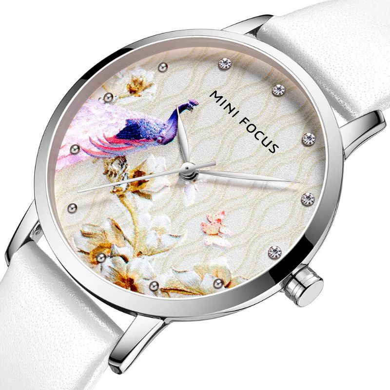 Montre À Quartz En Cuir Véritable Motif Fleur De Paon Pour Femme