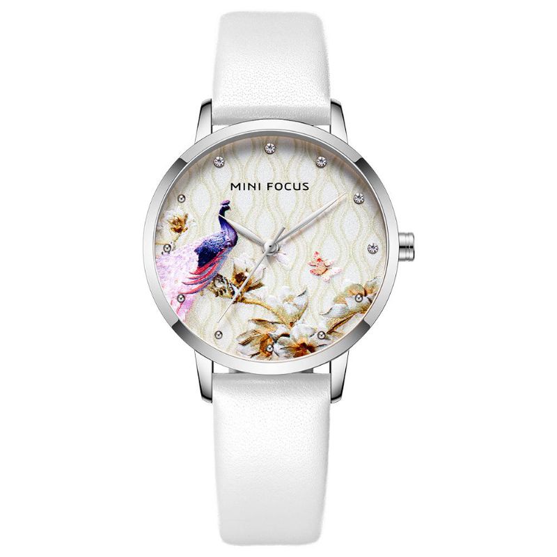 Montre À Quartz En Cuir Véritable Motif Fleur De Paon Pour Femme