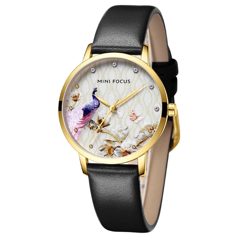 Montre À Quartz En Cuir Véritable Motif Fleur De Paon Pour Femme