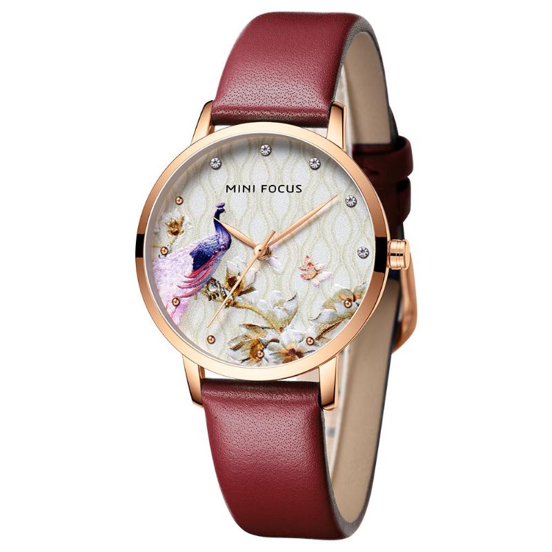 Montre À Quartz En Cuir Véritable Motif Fleur De Paon Pour Femme