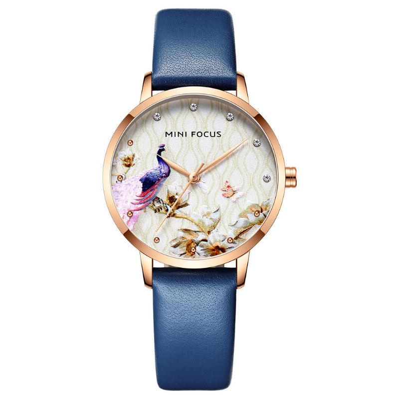 Montre À Quartz En Cuir Véritable Motif Fleur De Paon Pour Femme