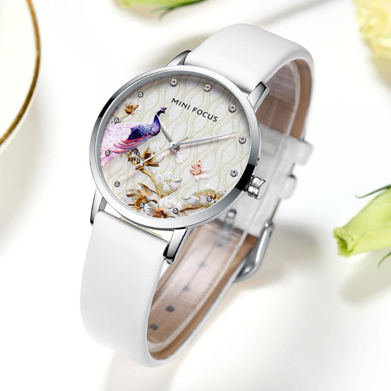 Montre À Quartz En Cuir Véritable Motif Fleur De Paon Pour Femme