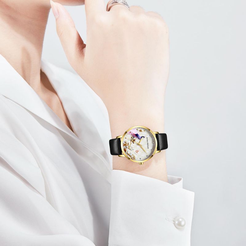 Montre À Quartz En Cuir Véritable Motif Fleur De Paon Pour Femme