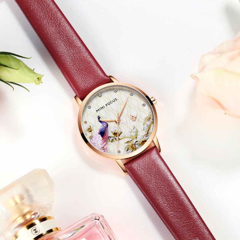 Montre À Quartz En Cuir Véritable Motif Fleur De Paon Pour Femme