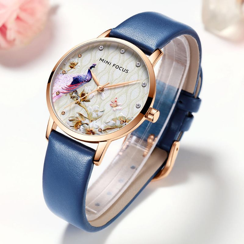 Montre À Quartz En Cuir Véritable Motif Fleur De Paon Pour Femme