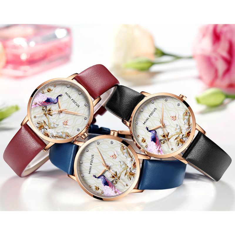 Montre À Quartz En Cuir Véritable Motif Fleur De Paon Pour Femme