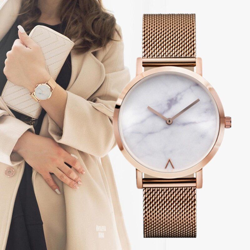 Montre À Quartz Pour Femme Avec Cadran En Marbre Et Bracelet En Acier Inoxydable