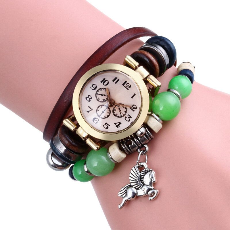 Montre À Quartz Vintage De Style Rétro Décoré Pointeur Trèfle À Quatre Feuilles Pendentif Perlé Bracelet Multicouche Montre