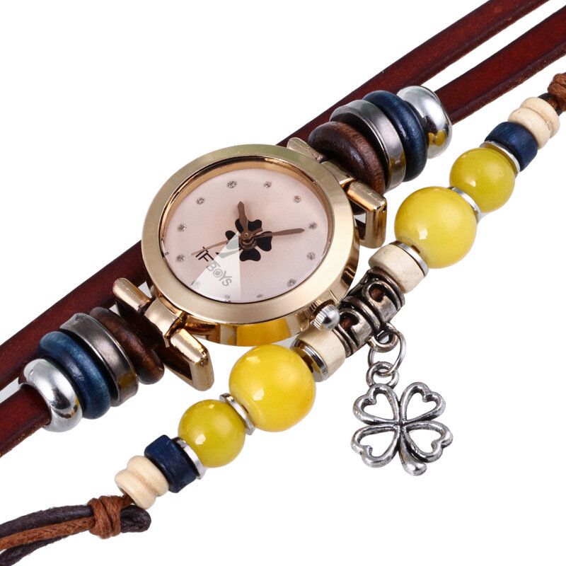 Montre À Quartz Vintage De Style Rétro Décoré Pointeur Trèfle À Quatre Feuilles Pendentif Perlé Bracelet Multicouche Montre