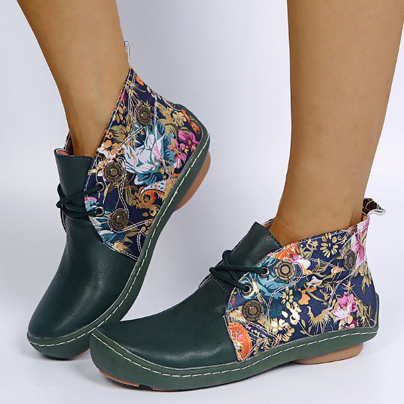 Motif De Fleurs Épissage Couleur Unie Bout Rond Confortable Bottines Plates À Lacets