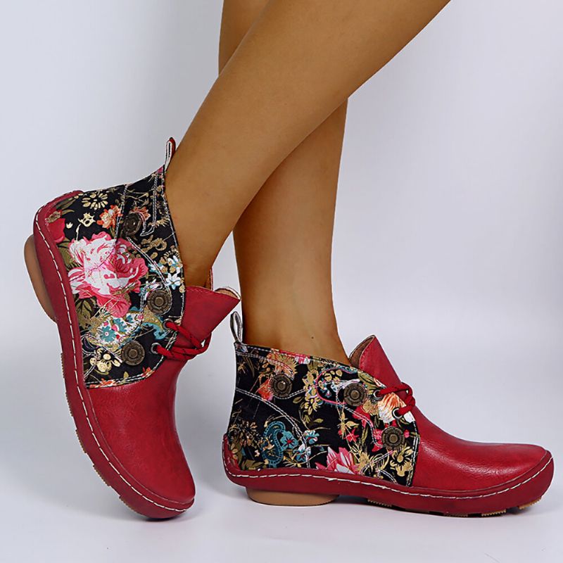 Motif De Fleurs Épissage Couleur Unie Bout Rond Confortable Bottines Plates À Lacets