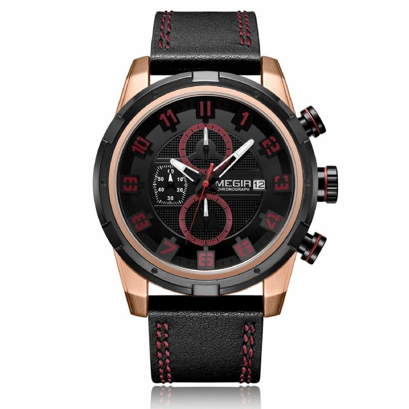 Multifonction 3d Cadran Affichage Sport Hommes Montre-bracelet Bracelet En Cuir Véritable Montre À Quartz