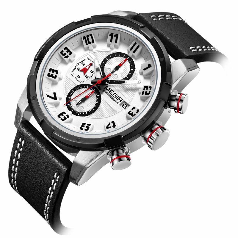 Multifonction 3d Cadran Affichage Sport Hommes Montre-bracelet Bracelet En Cuir Véritable Montre À Quartz