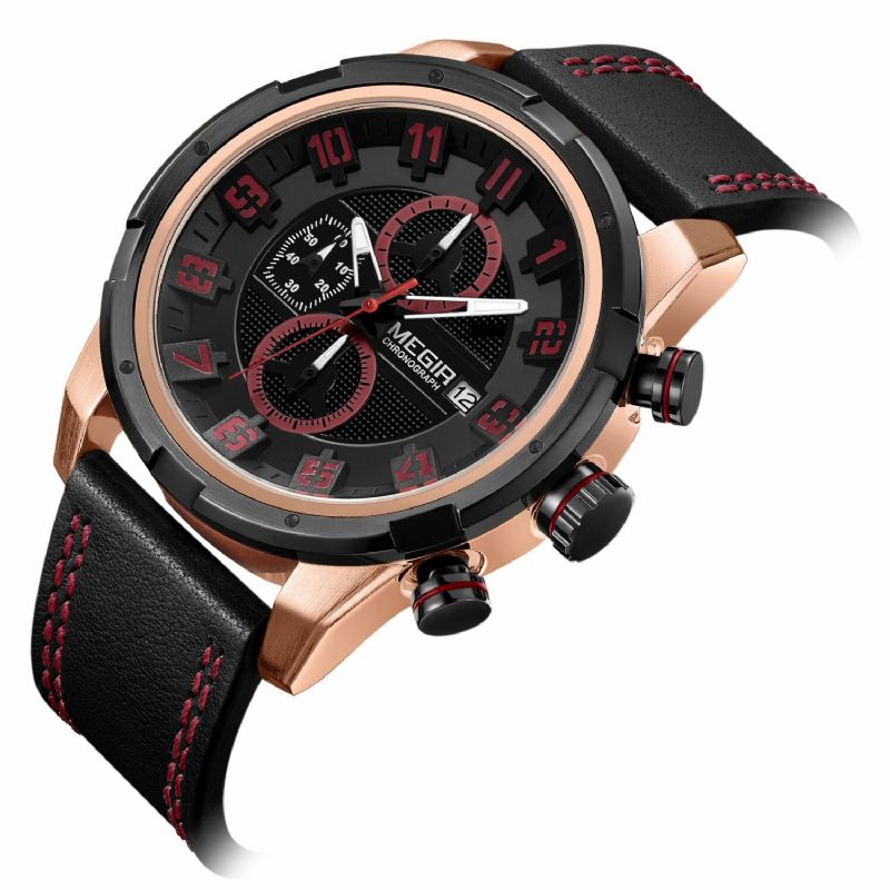 Multifonction 3d Cadran Affichage Sport Hommes Montre-bracelet Bracelet En Cuir Véritable Montre À Quartz