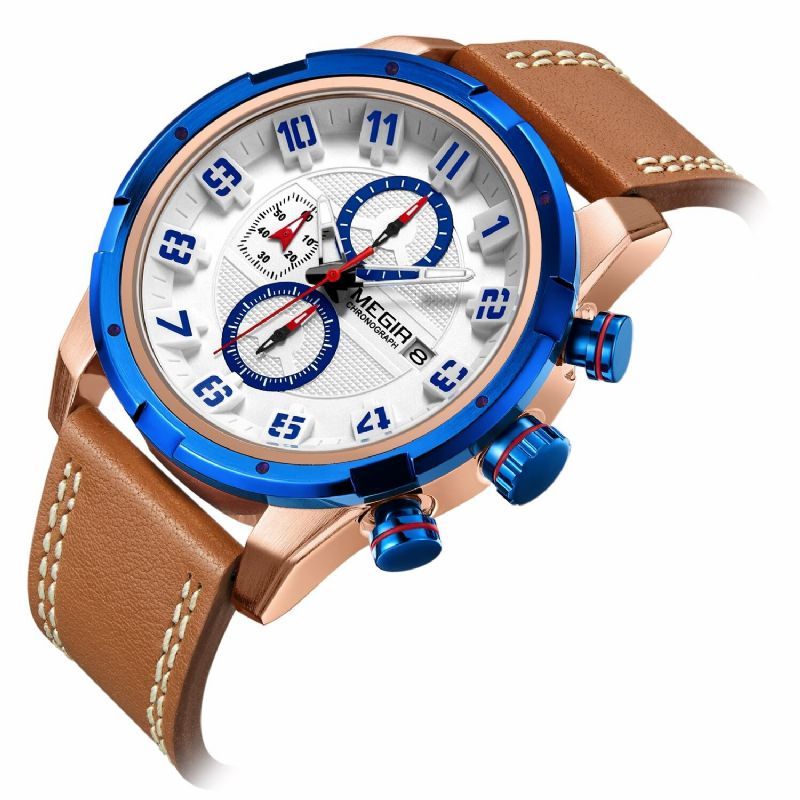 Multifonction 3d Cadran Affichage Sport Hommes Montre-bracelet Bracelet En Cuir Véritable Montre À Quartz