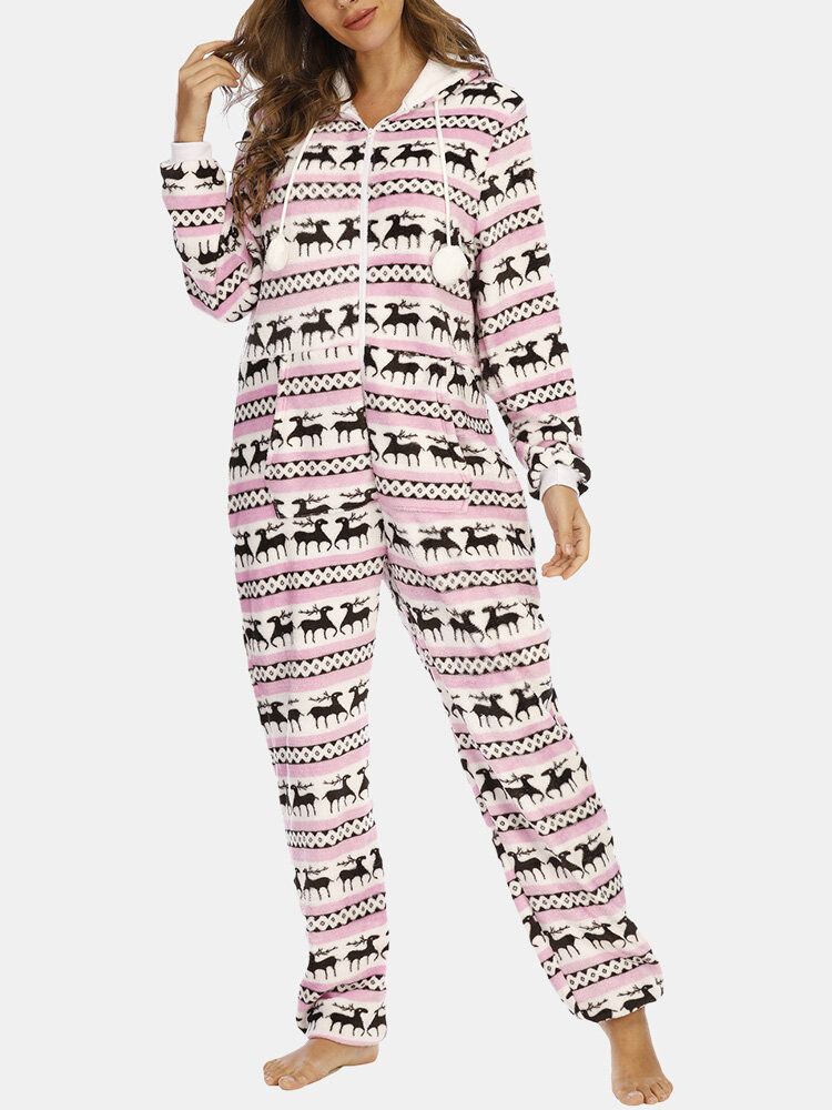 Noël Femmes Flanelle Elk Graphics Pocket Hooded Jumpsuits Cosy Warm Sleepwear