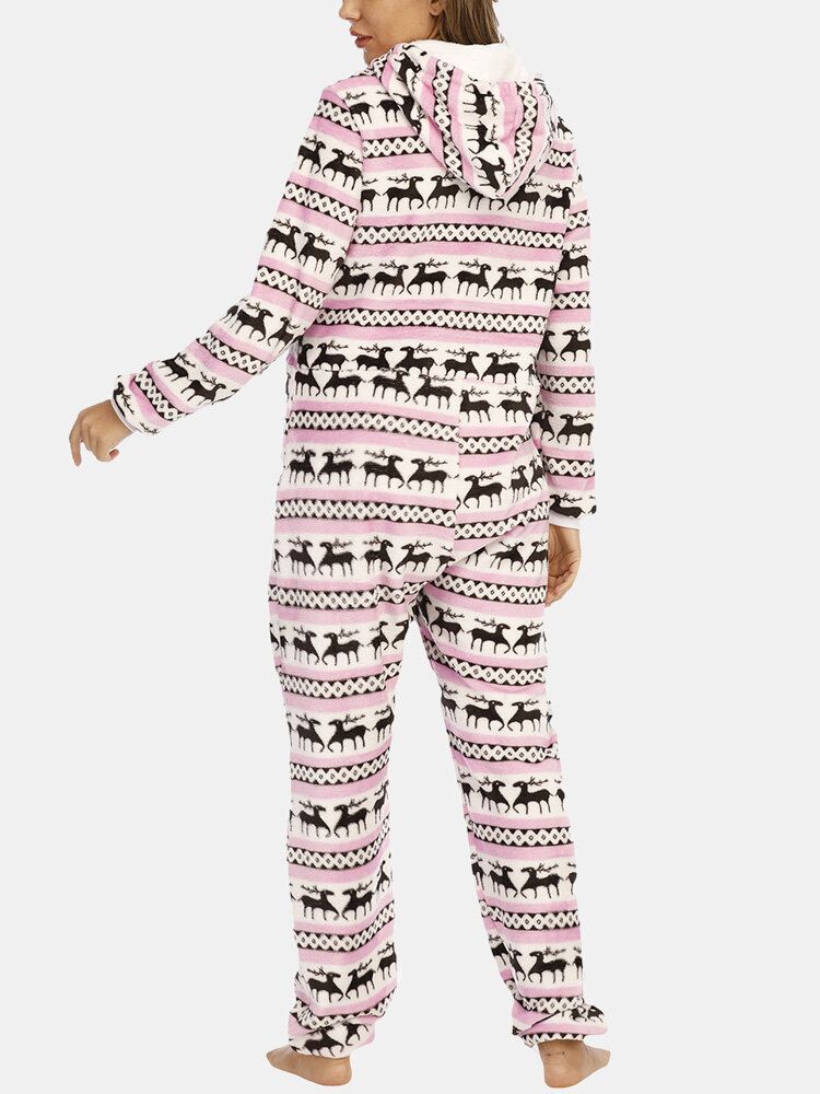 Noël Femmes Flanelle Elk Graphics Pocket Hooded Jumpsuits Cosy Warm Sleepwear