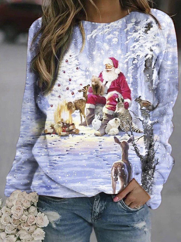 Noël Femmes Santa Imprimé Pull À Manches Longues Pulls Mignons