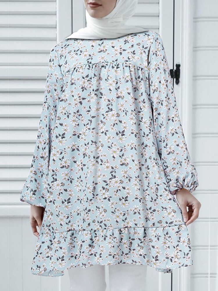 O-cou Robe Florale Kaftan Poignet Élastique Chemisier Décontracté Pour Femme