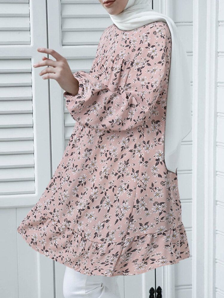 O-cou Robe Florale Kaftan Poignet Élastique Chemisier Décontracté Pour Femme