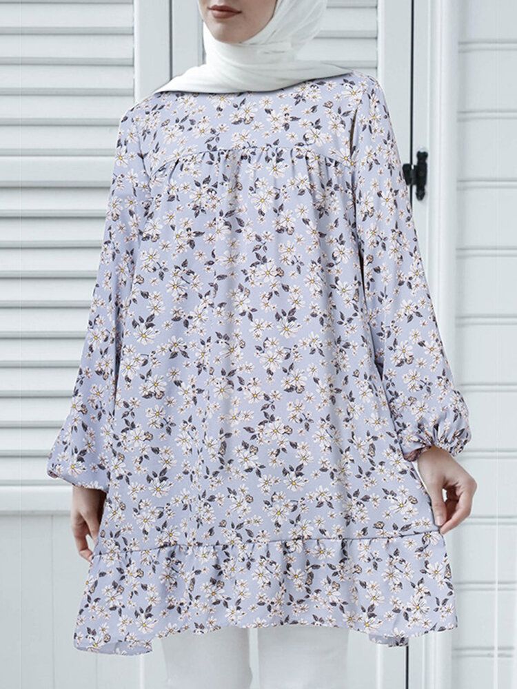 O-cou Robe Florale Kaftan Poignet Élastique Chemisier Décontracté Pour Femme