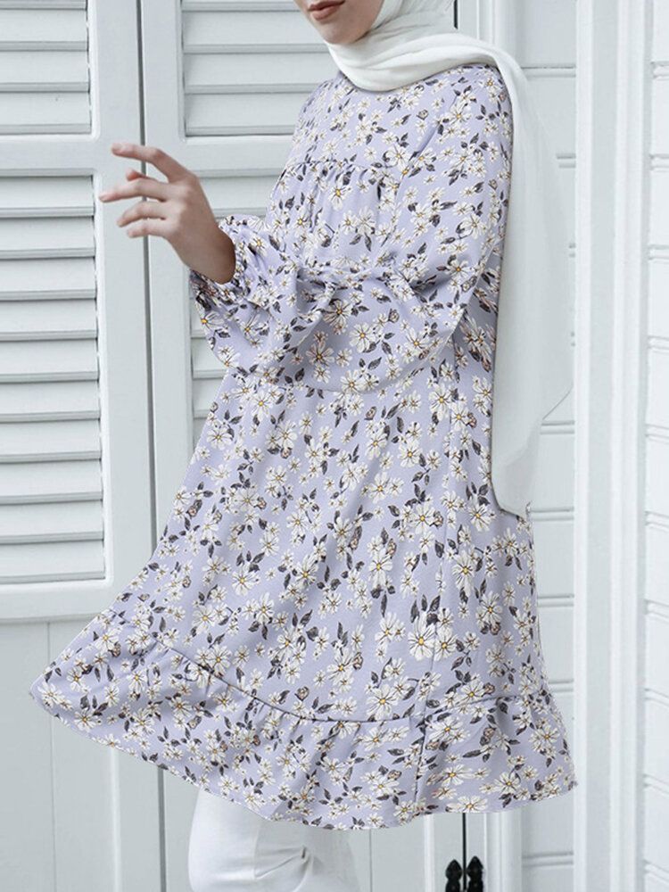 O-cou Robe Florale Kaftan Poignet Élastique Chemisier Décontracté Pour Femme