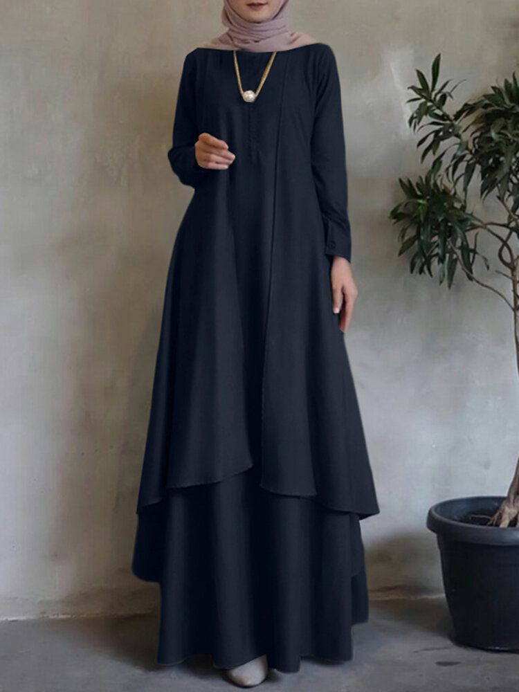 O-cou Solide Abaya Kaftan Double Couche Design Robe Bohème Pour Les Femmes