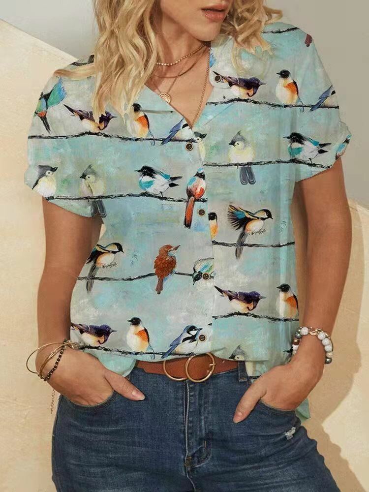 Oiseaux Imprimé Manches Courtes Col Revers Vintage Blouses Pour Femmes