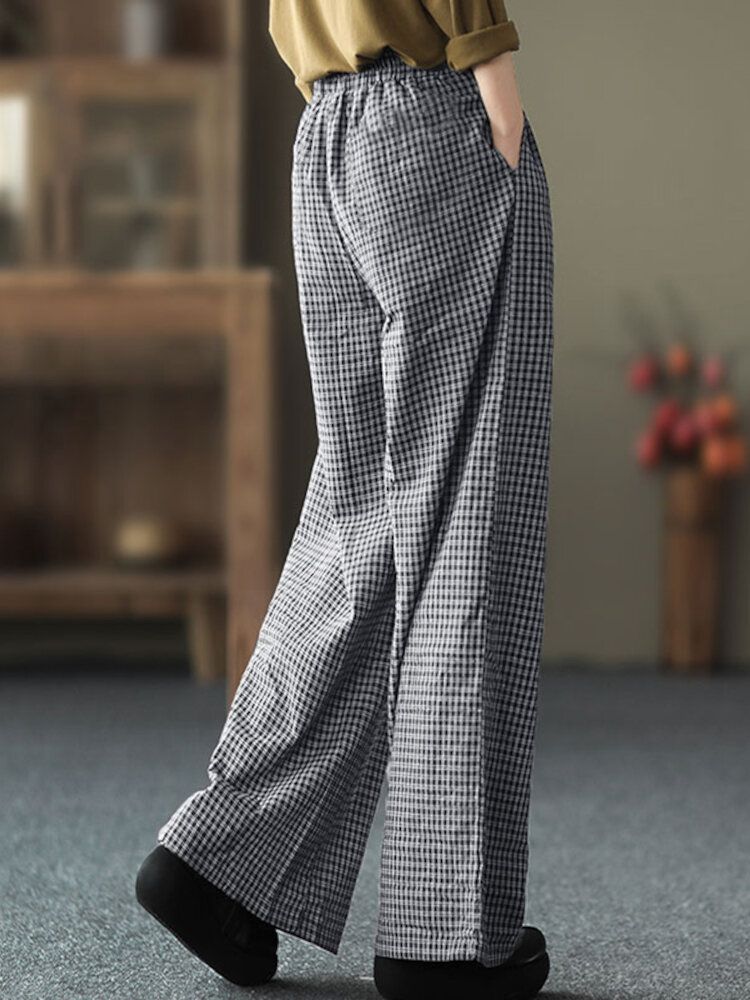 Pantalon Ample À Taille Élastique À Carreaux Pour Femmes