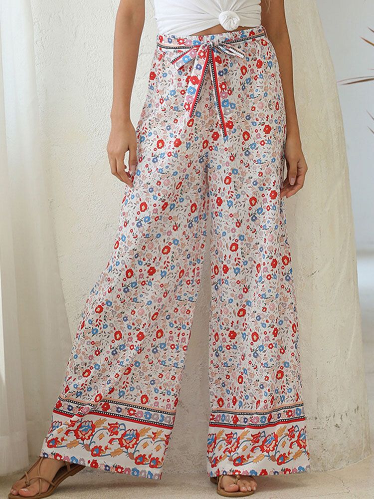 Pantalon Bohémien À Taille Haute Noué À Imprimé Floral Vacances Ethnique À Jambes Larges