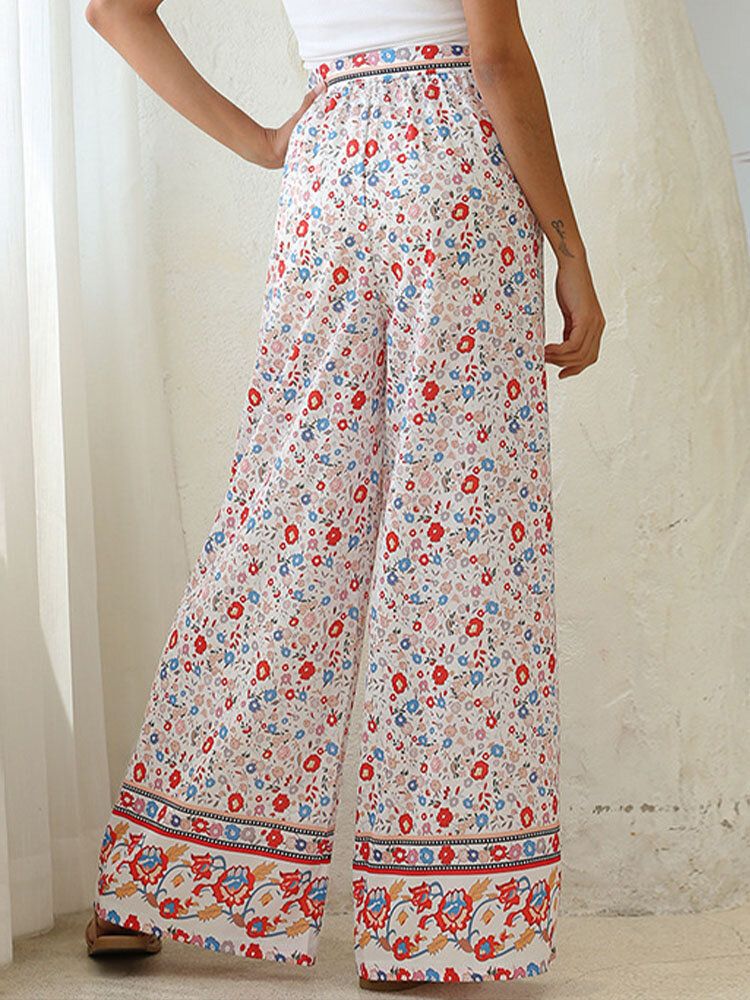 Pantalon Bohémien À Taille Haute Noué À Imprimé Floral Vacances Ethnique À Jambes Larges