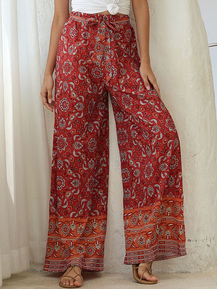 Pantalon Bohémien À Taille Haute Noué À Imprimé Floral Vacances Ethnique À Jambes Larges