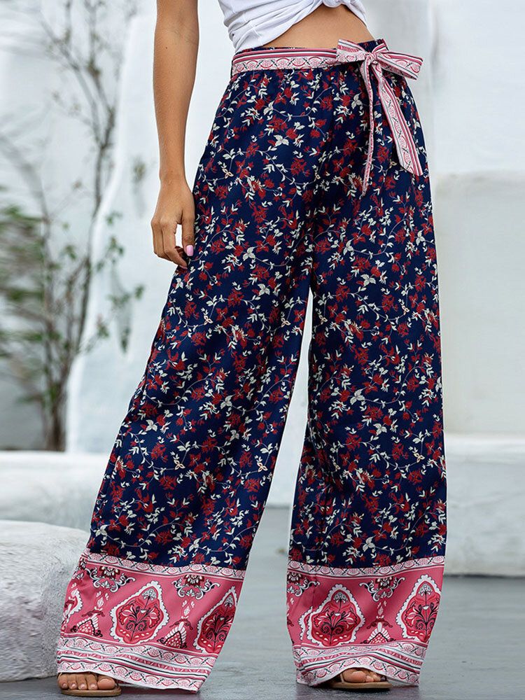 Pantalon Bohémien À Taille Haute Noué À Imprimé Floral Vacances Ethnique À Jambes Larges