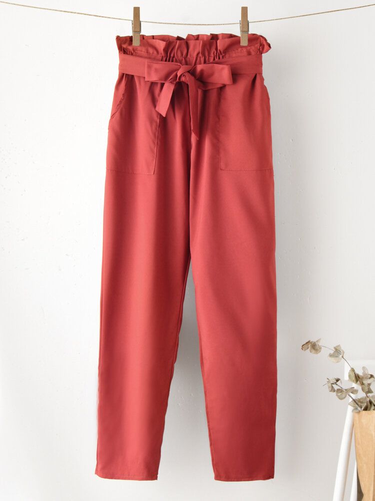 Pantalon Court Décontracté Avec Poche Nouée À Volants De Couleur Unie Pour Femme