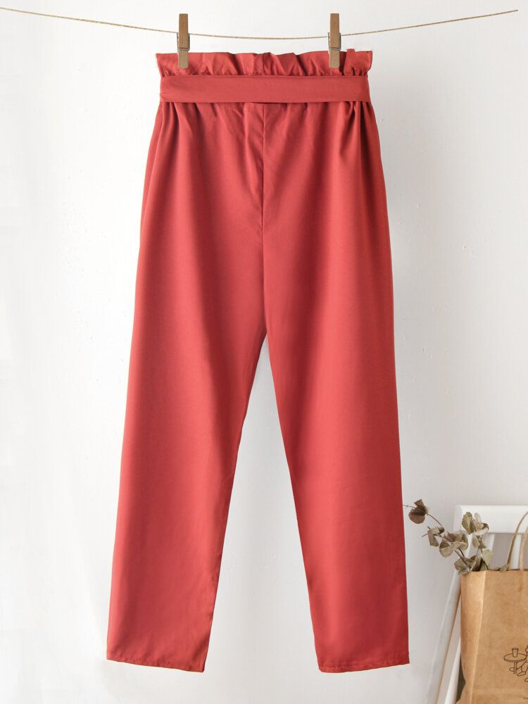 Pantalon Court Décontracté Avec Poche Nouée À Volants De Couleur Unie Pour Femme