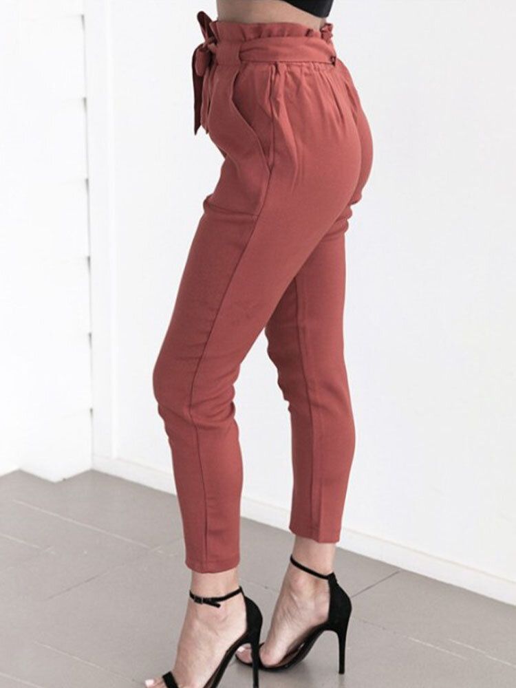 Pantalon Court Décontracté Avec Poche Nouée À Volants De Couleur Unie Pour Femme