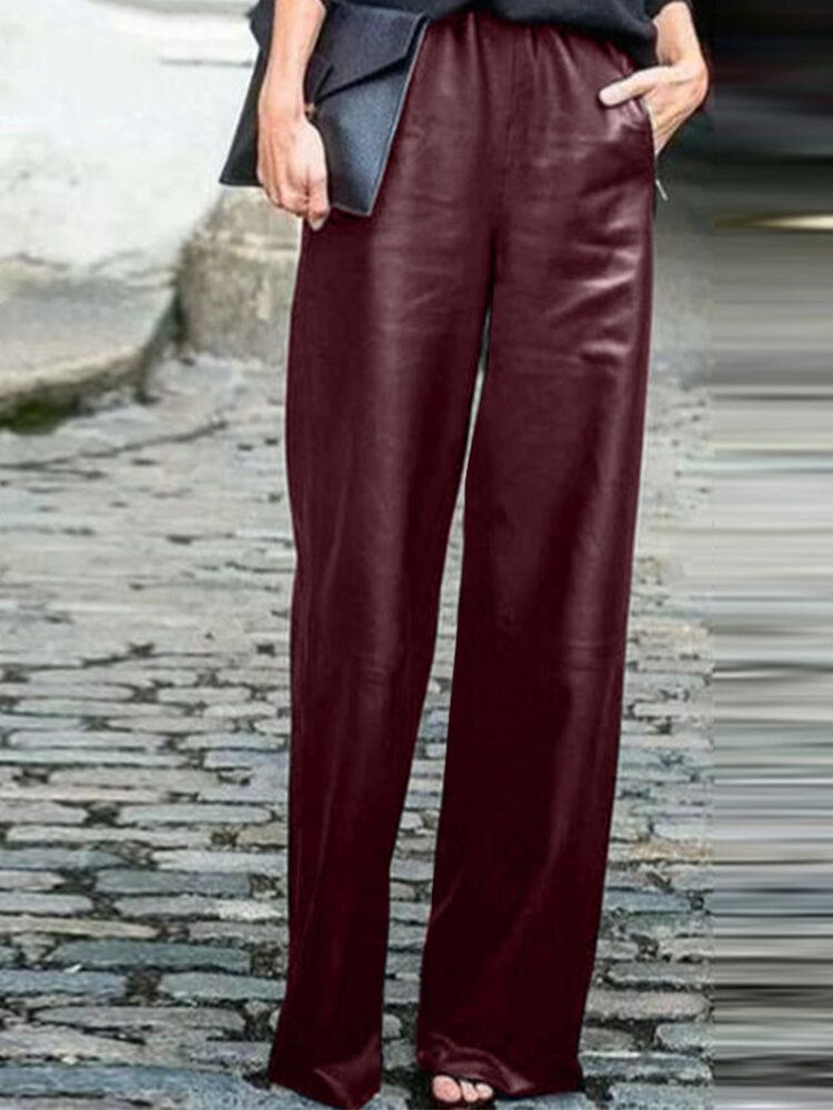 Pantalon En Cuir Avec Poches Latérales À Taille Élastique Pour Femmes