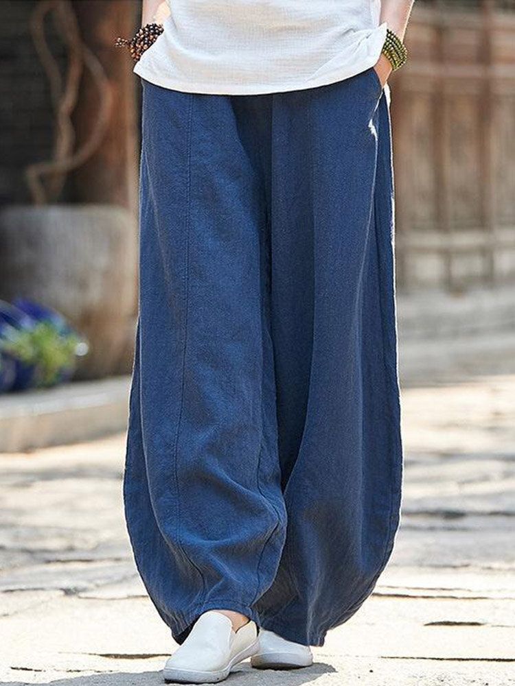 Pantalon Décontracté Ample En Coton Et Lin De Couleur Unie À Taille Élastique Avec Poche