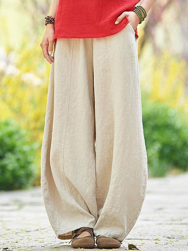 Pantalon Décontracté Ample En Coton Et Lin De Couleur Unie À Taille Élastique Avec Poche